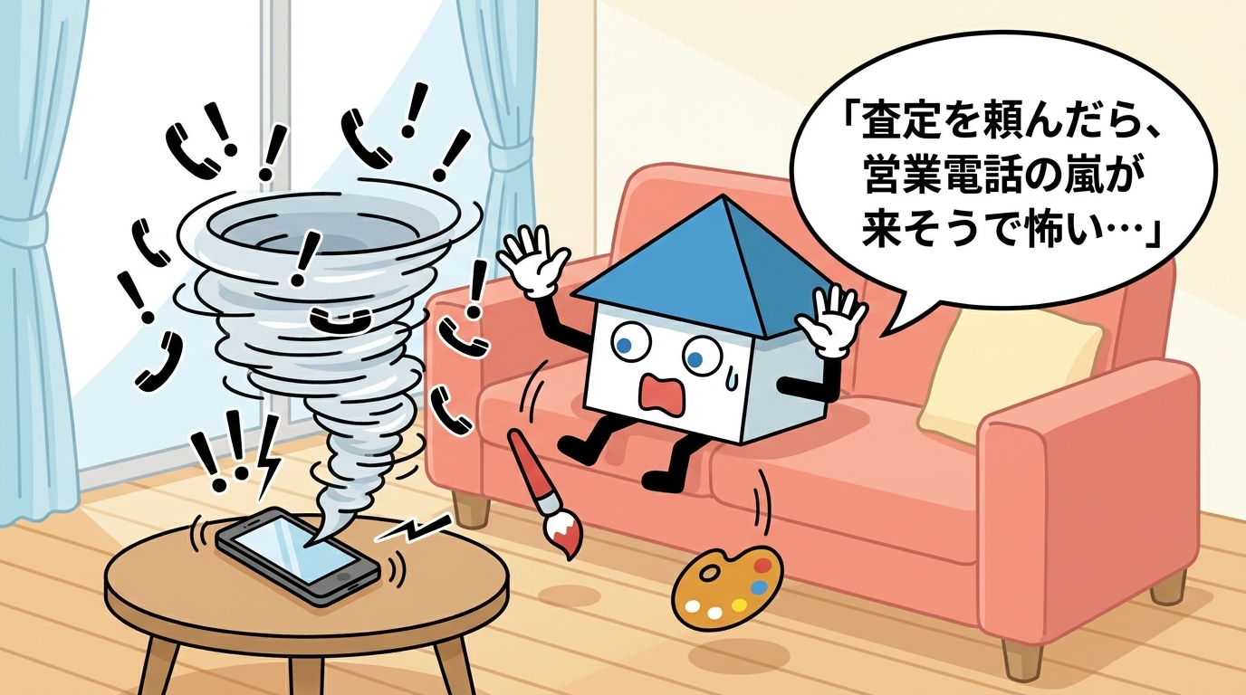 査定を頼むと営業電話の嵐が来そうで怖がるキャンバ君