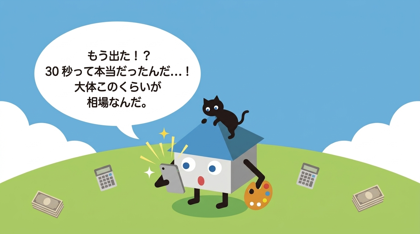 30秒で結果が出て驚くキャンバ君とスホームくん。大体このくらいが相場なんだと知る