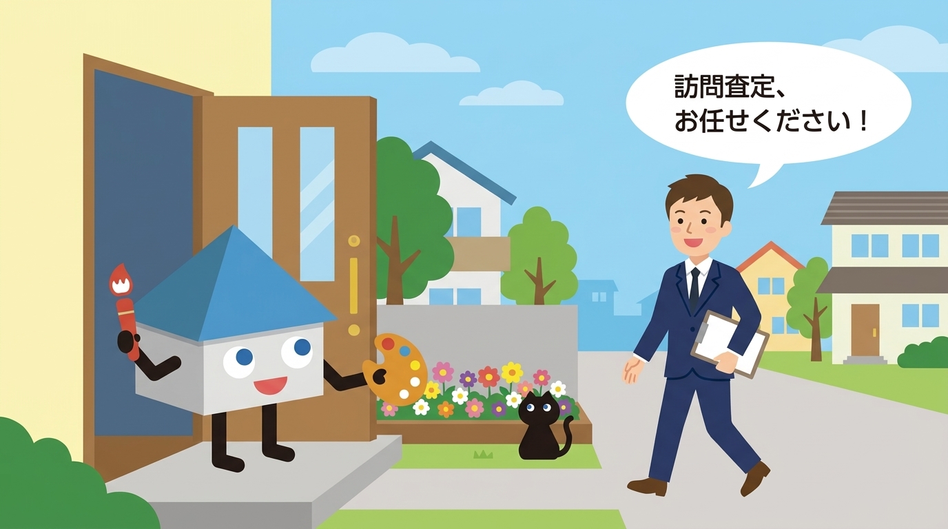 自宅の玄関でキャンバ君を迎える営業担当。訪問査定、お任せくださいと案内している